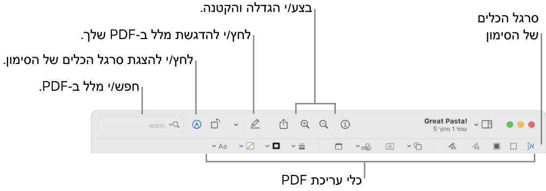 סרגל הכלים "סימון" לסימון PDF.