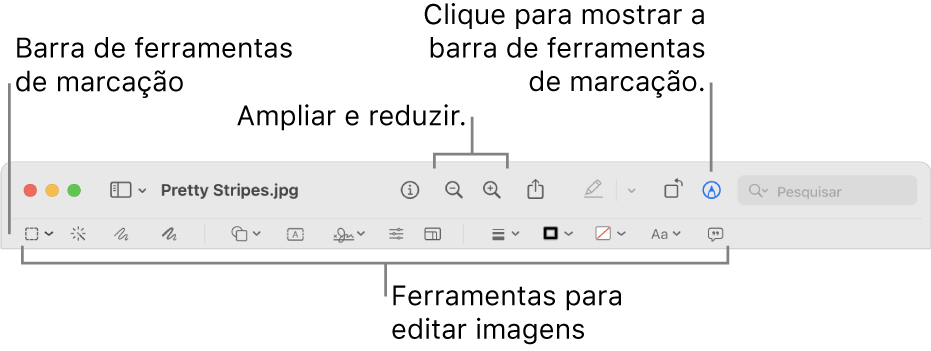 A barra de ferramentas de marcação para editar imagens.