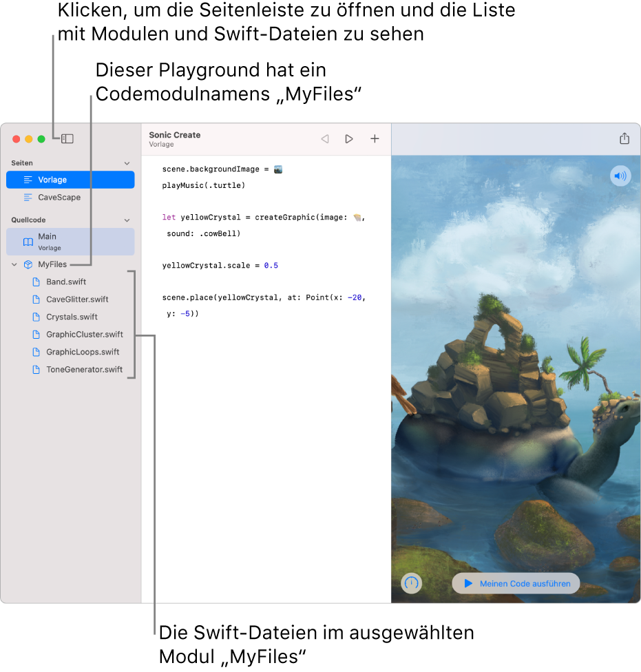 Eine Playground-Seite mit der geöffneten Seitenleiste und der geöffneten Liste der Module zeigt den Playground an, auf dem sich das Codemodul „MyFiles“ mit sechs Swift-Dateien befindet.
