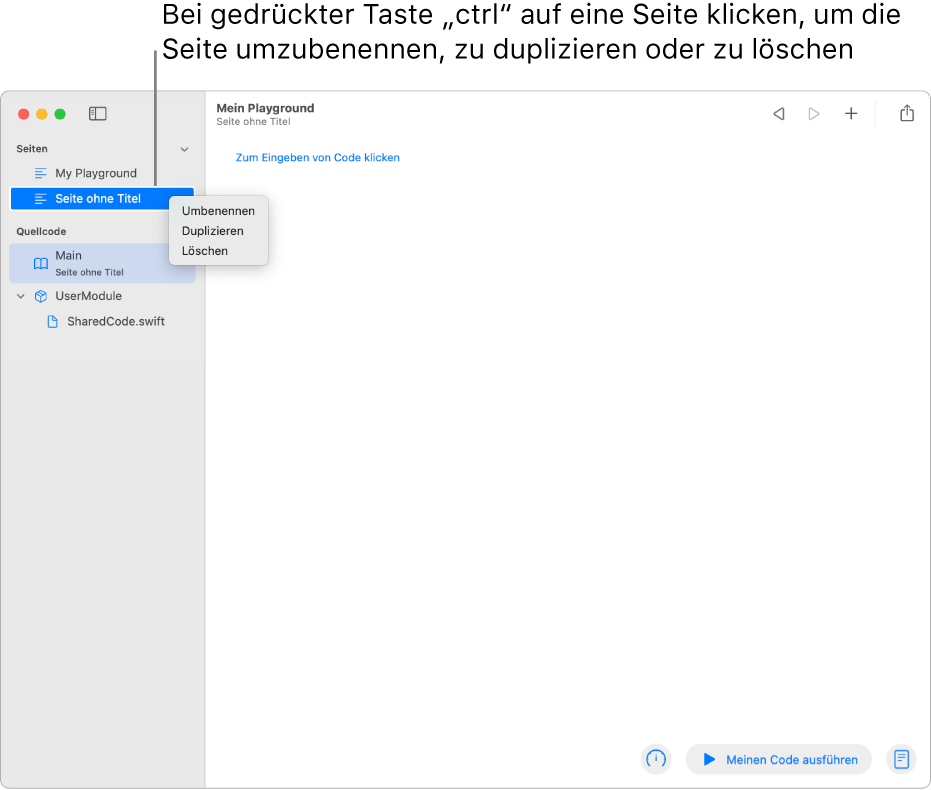 Eine Playground-Seite und die geöffnete Seitenleiste mit der Liste der Seiten, Module und Dateien. Für eine der in der Seitenleiste aufgelisteten Seiten ist das Kontextmenü geöffnet. Darin befinden sich die Seitenbefehle zum Umbenennen, Duplizieren und Löschen.