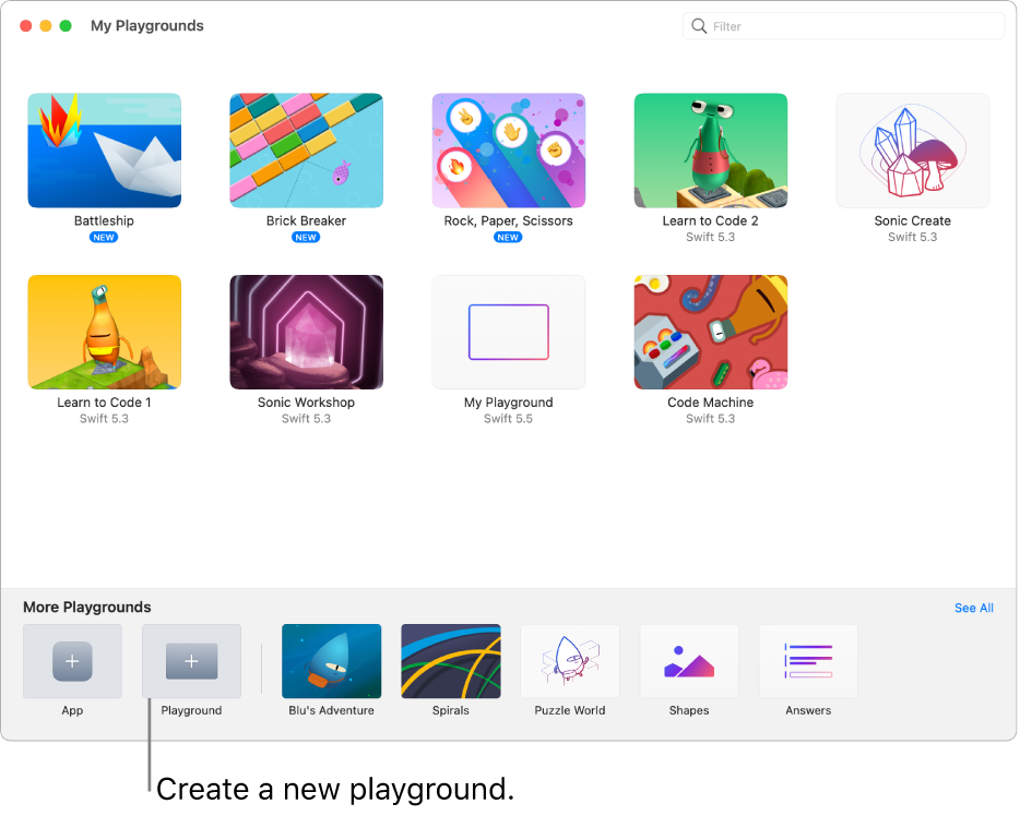 The My Playgrounds window. Near the bottom left is the Playground button for creating a new playground.