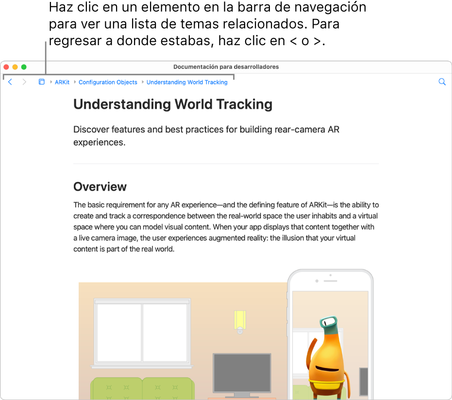 Una página de un artículo sobre ARKit del sitio web de Apple Developer. En la parte superior de la página se encuentra la barra de navegación, la cual muestra tu avance en la documentación. Haz clic en un elemento en la barra para obtener una lista de los temas relacionados a los que puedes ir rápidamente.