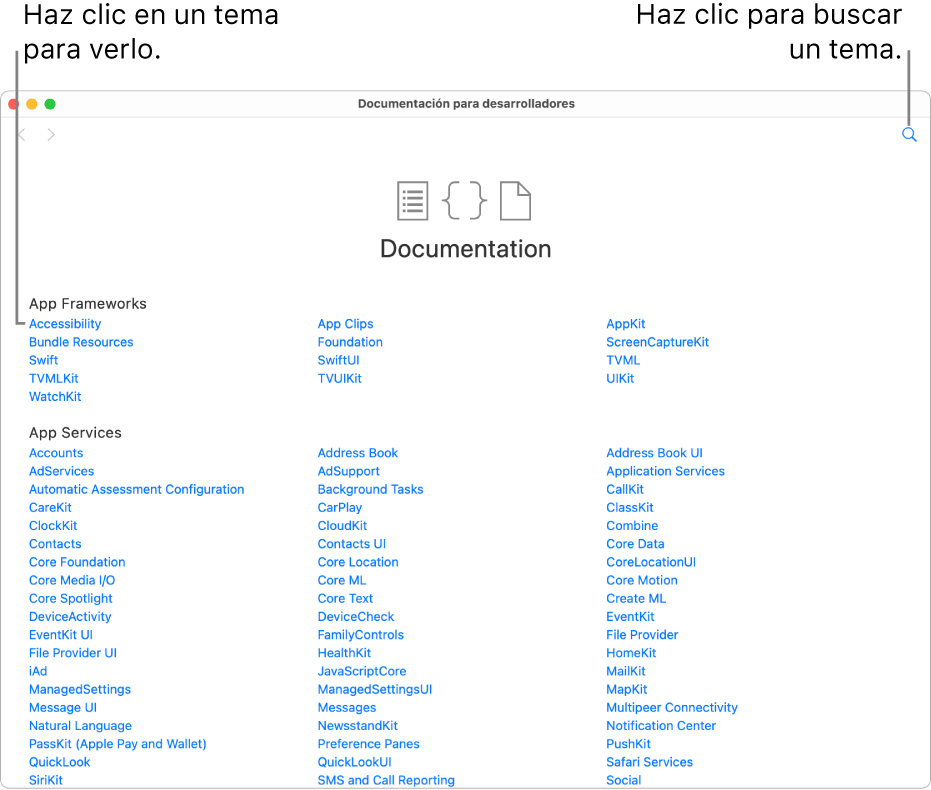 La página de un playground mostrando la página Tabla de contenido abierta de la documentación para desarrolladores en el lado derecho. Muestra el ícono de búsqueda y enumera temas en los que puedes hacer clic para leerlos.