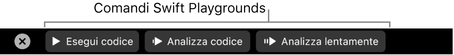 Touch Bar con i pulsanti dell'app Swift Playground che includono, da sinistra a destra, “Esegui codice”, “Analizza codice” e “Analizza lentamente”.