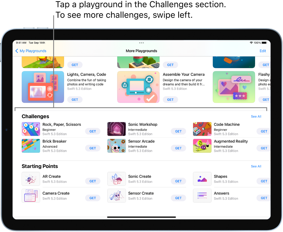 The Challenges section on the More Playgrounds screen, showing several predesigned playgrounds arranged in a grid, each with a Get button for downloading the playground. To see more challenges, swipe left.