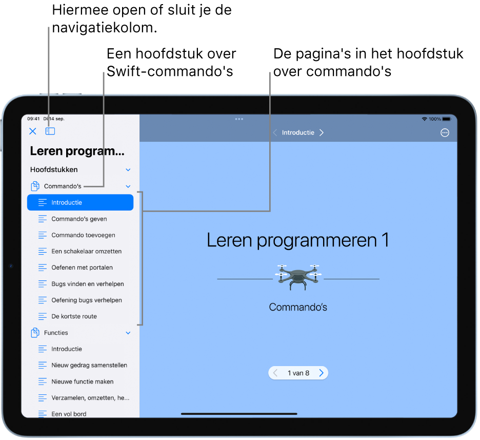 De eerste dia van de introductie tot het hoofdstuk "Commando's" in de playground 'Leren programmeren 1'. In de geopende zijkolom worden de hoofdstukken en pagina's in de playground weergegeven.