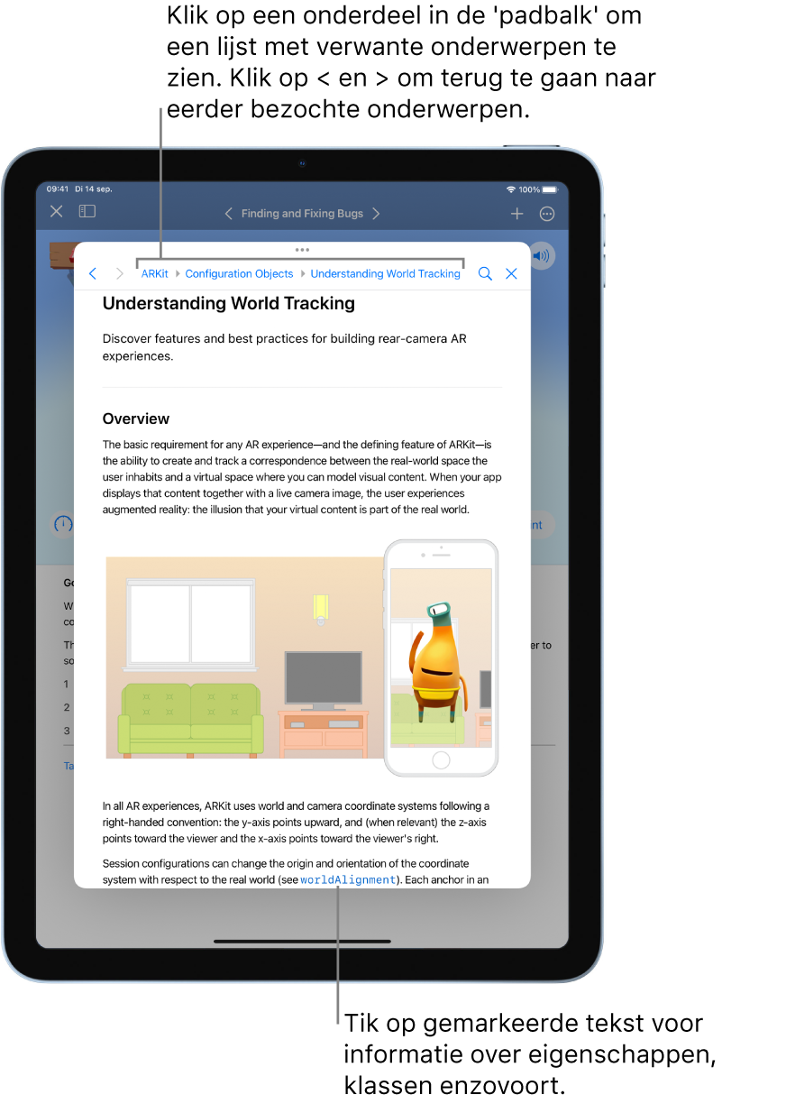Een pagina uit een artikel over augmented reality (AR) in de Apple documentatie voor ontwikkelaars. In de "padbalk" bovenaan staan de stappen waarmee je door de documentatie bladert. Tik op een element in de balk voor een lijst met verwante onderwerpen waar je naartoe kunt springen. Tik op de pijlen om terug te gaan naar eerder bezochte onderwerpen.