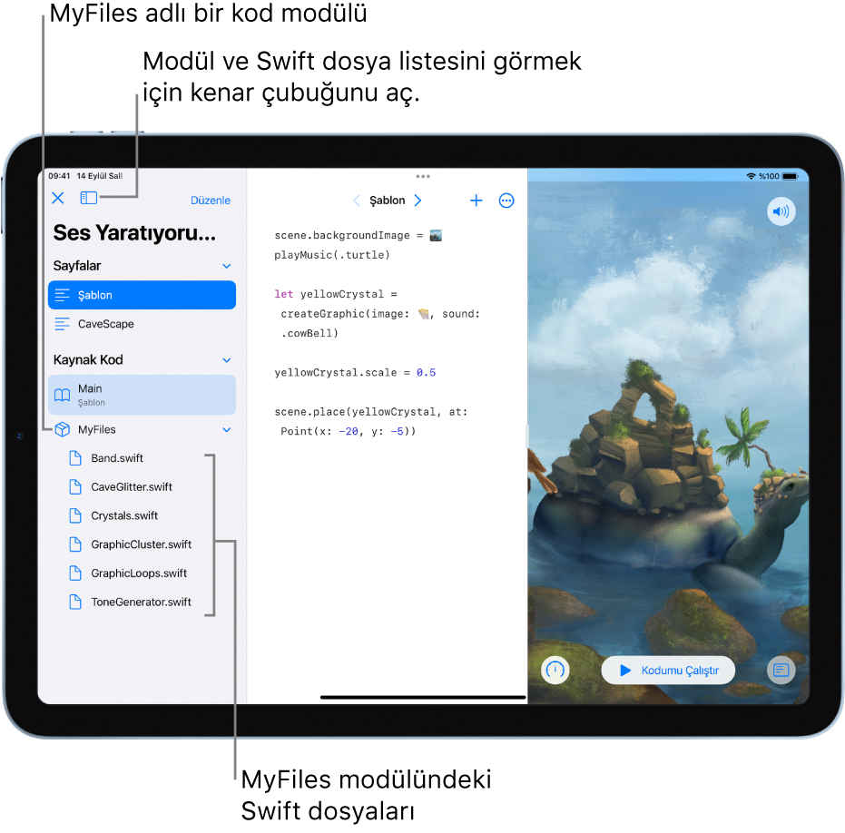 Kenar çubuğu açık, Sayfalar bölümünde Şablon sayfası seçili olan bir oyun alanı sayfası. Kod modülü MyFiles açık, içerdiği Swift dosyalarının listesini gösteriyor.