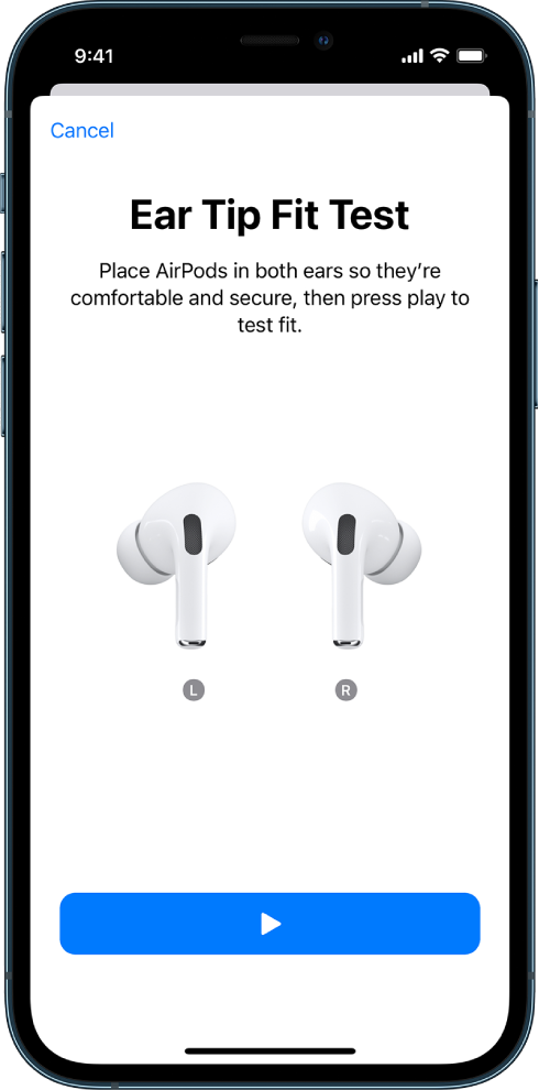 An iPhone screen displaying the Ear Tip Fit Test for AirPods Pro.