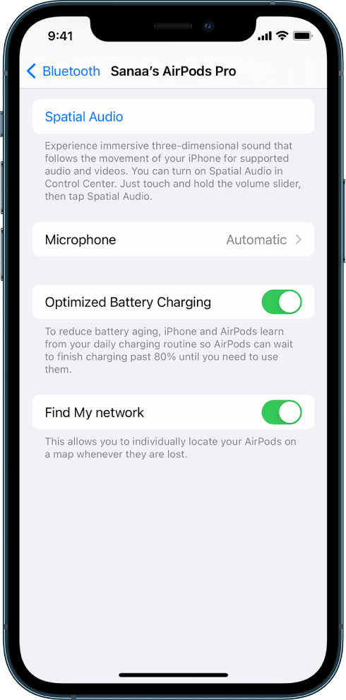 Bluetooth settings on an iPhone screen showing options for AirPods Pro. The “Find My network” option is on, which allows AirPods to be located individually on a map whenever they are lost.