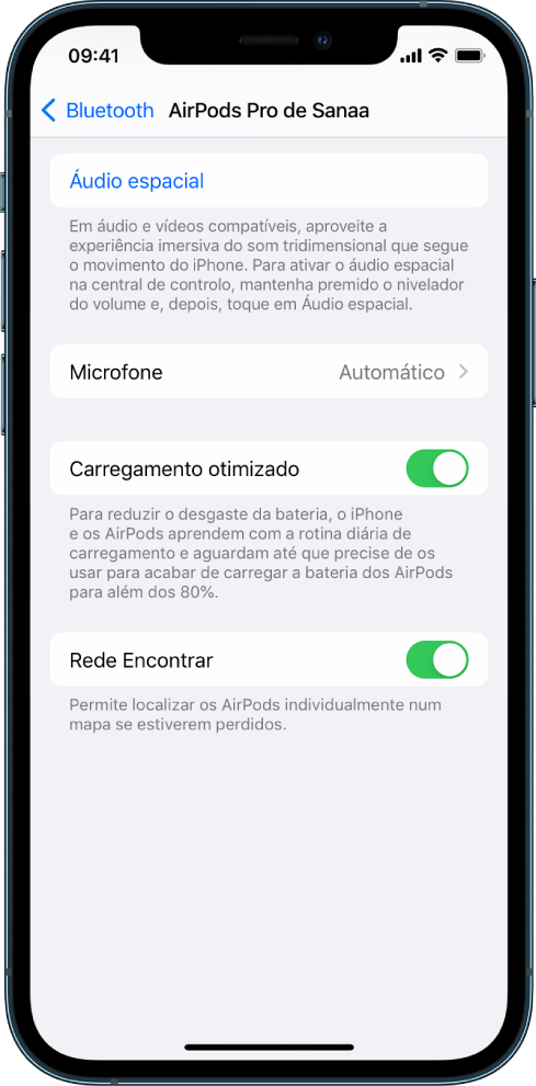 As definições de Bluetooth de um iPhone a apresentarem as opções dos AirPods Pro. A opção “Rede Encontrar” está ativada, o que permite localizar individualmente os AirPods num mapa quando estão perdidos.
