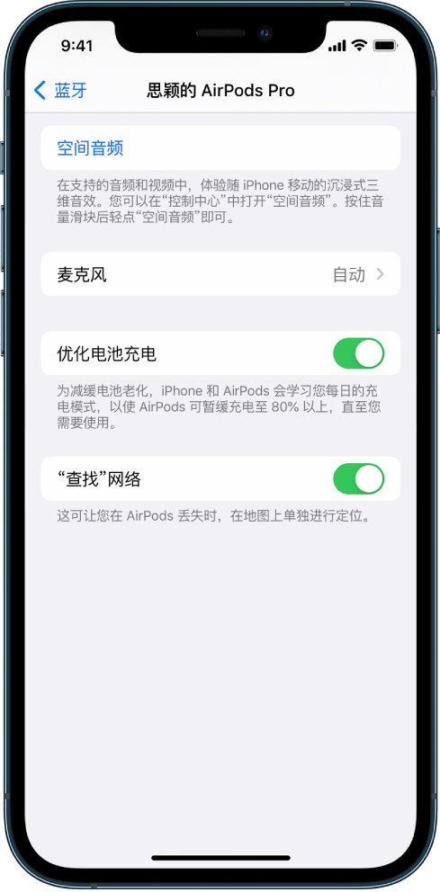 iPhone 屏幕上的蓝牙设置显示 AirPods?Pro 的选项。“‘查找’网络”选项已打开，这可让您在 AirPods 丢失时逐一在地图上进行定位。