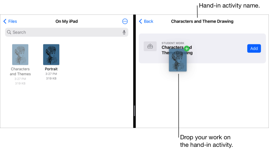 Split View muestra la app Archivos a la izquierda con dos documentos y Tareas de Clase a la derecha, con la tarea “Characters and Theme Drawing” (Dibujo de personajes y tema) abierta.
