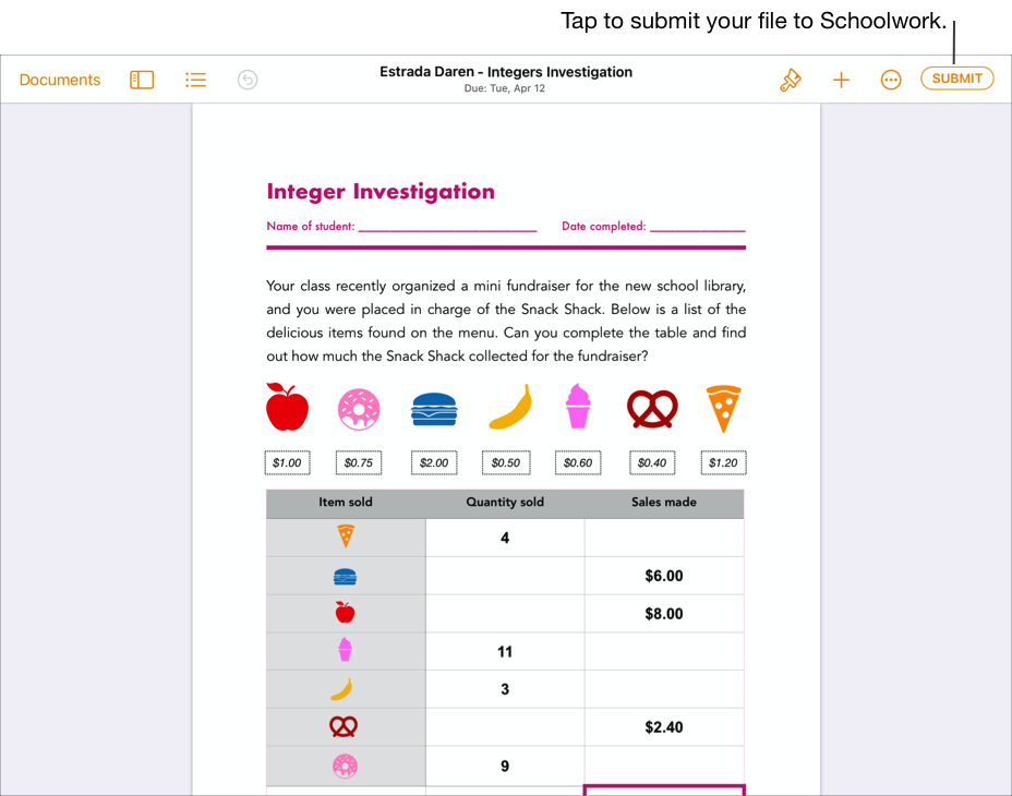 生徒の共同制作ファイルの例。iWork Pages Appからスクールワークに提出する用意ができている「Estrada Daren - Integers Investigation（Estrada Daren - 整数の研究）」が表示されています。書類を提出するには、ウインドウの右上にある「提出」をタップします。