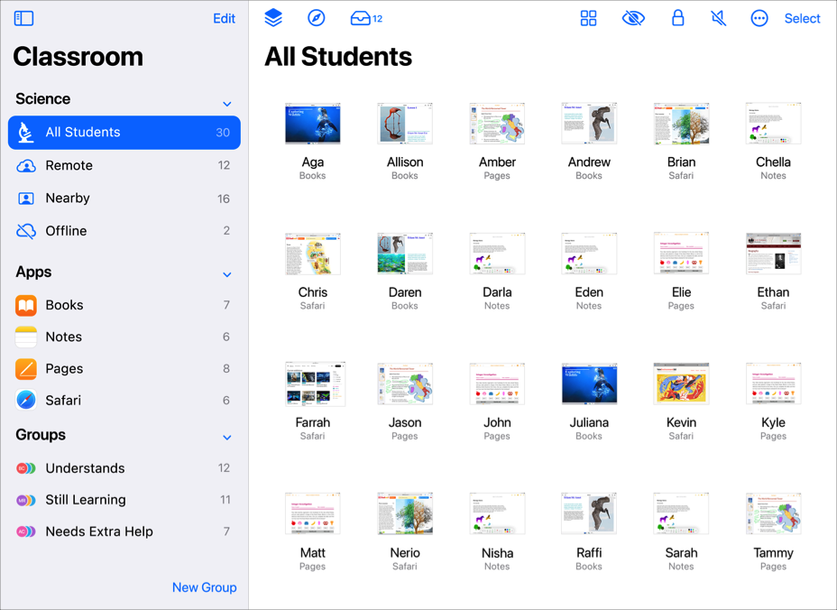 La app Aula que muestra Todos los estudiantes.