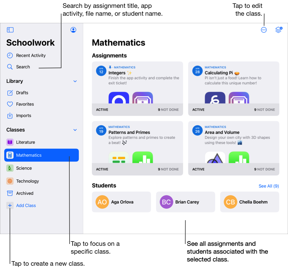 Contoh tampilan kelas — Mathematics (Matematika) — menampilkan empat tugas dan tiga murid. Gunakan tampilan kelas untuk melihat semua tugas dan pelajar yang terkait dengan kelas yang dipilih. Untuk mengedit kelas, ketuk tombol Lainnya di kanan atas jendela Schoolwork. Untuk membuat kelas baru, ketuk Tambah Kelas di bar samping. Anda juga dapat mengetuk Cari dan melakukan pencarian berdsarkan judul tugas, aktivitas app, nama file, atau nama murid.