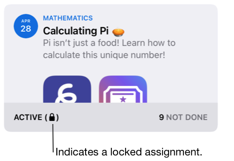 Een voorbeeld van een vergrendelde opdracht (Calculating Pi (Pi berekenen)). Het slotje geeft een vergrendelde opdracht aan.