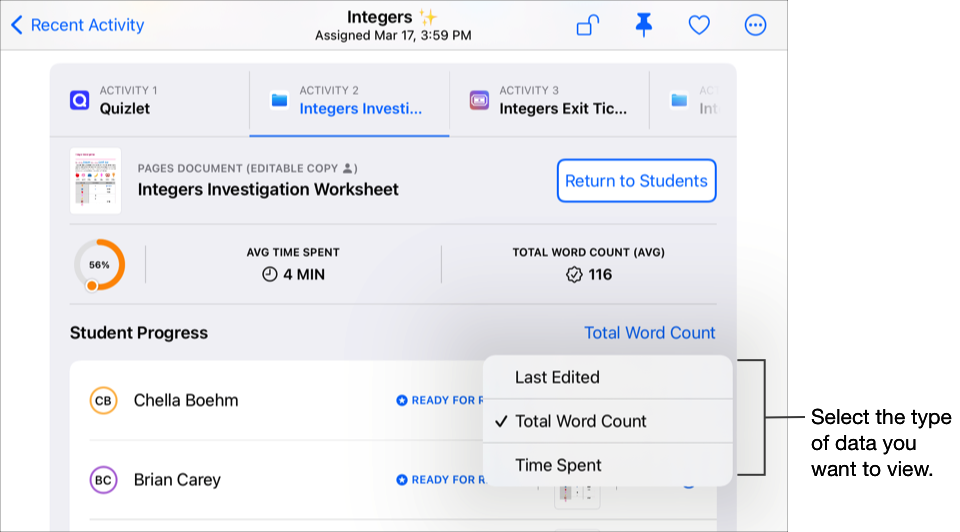 作業的「學生進度」區段範例，顯示進度摘要篩選條件選項。「課業」至少會在一位學生提交進度時，立即顯示所選作業活動的進度摘要。若要顯示不同的進度資料，請點一下目前的篩選條件連結，然後選擇您要檢視的資料類型。