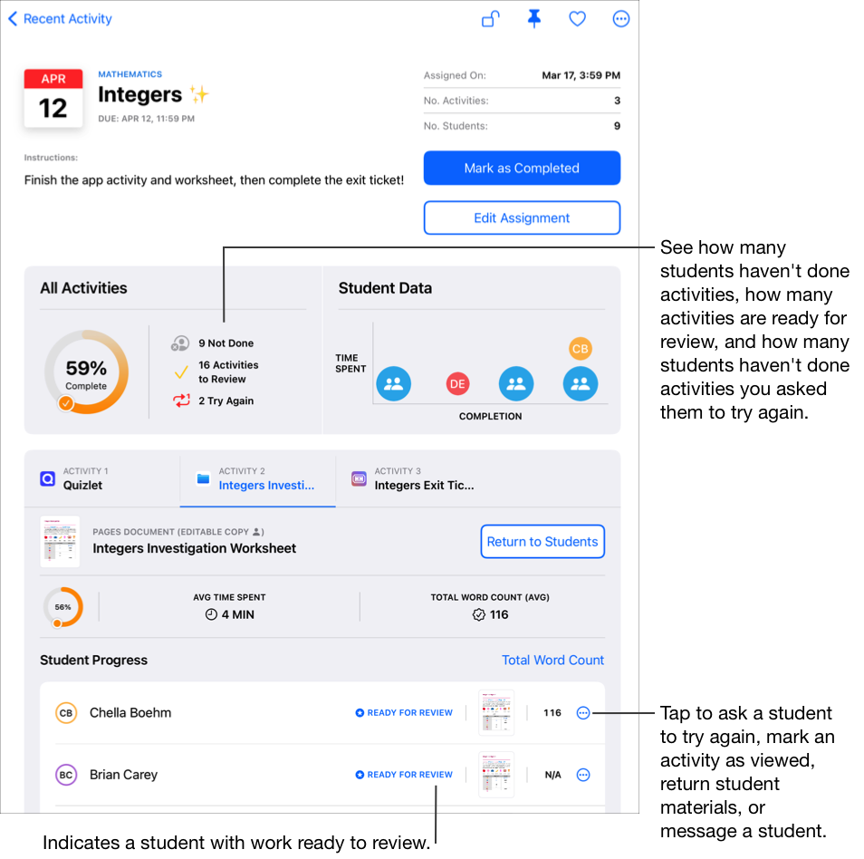 「數學」班級的作業詳細資訊檢視畫面範例 —「Integers」— 顯示所選取作業活動的詳細進度資料，包括班級的完成百分比、平均花費時間以及平均總字數。「所有作業活動」顯示有九位學生尚未完成作業活動、您有 16 個需要檢閱的作業活動，以及有兩位學生尚須重做作業。使用「學生資料」，協助您判斷進度可能落後的學生。點一下「更多選項」按鈕以要求學生再試一次、將作業活動標示為已檢視、傳回學生教材或傳送訊息給學生。「課業」也會指出哪些學生已提交作業活動（「待檢閱」）。