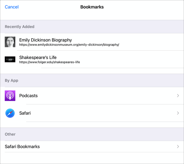 「新增作業活動」>「書籤」彈出式面板會顯示兩個「最近新增的項目」書籤作業活動、兩個已加入書籤的 App，以及可作為作業活動加入至作業的其他 Safari 書籤。