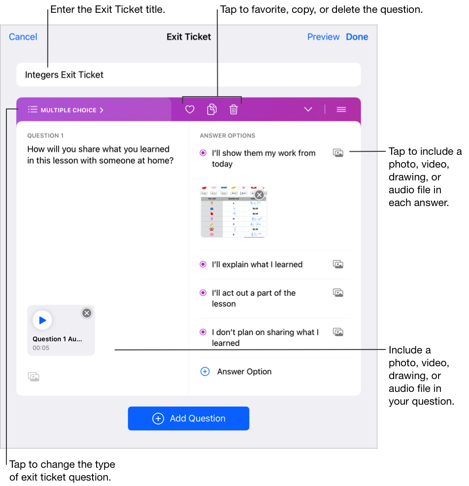 課堂回饋單多選題範例，顯示標題（「Integers Exit Ticket」）、第一項多選問題（「您會如何向家庭成員分享在本課程學習的內容？」），包括第一項多選問題的音訊檔案，以及四個答案選項。點一下「多媒體」按鈕即可在每個答案中加入照片、影片、繪圖或音訊檔案。此範例的第一個答案選項中，除了文字還包含影像。點一下「多選題」，即可更動課堂回饋單的問題類型（多選題、滑動條、評分題、開放式問題）。此外，您也可以點一下課堂回饋單問題，以將其加入喜好項目、複製或刪除。