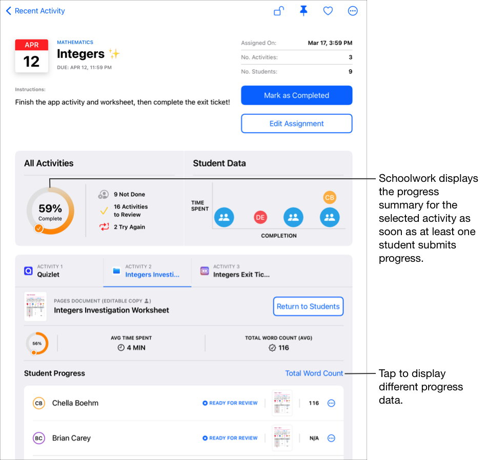 「數學」班級的作業詳細資訊檢視畫面範例 —「Integers」— 顯示所選取作業活動的詳細進度資料，包括班級的完成百分比、平均花費時間以及平均總字數。在「學生進度」中，「課業」至少會在一位學生提交進度時，立即顯示所選作業活動的進度摘要。若要顯示不同進度資料，請點一下目前的篩選條件連結。