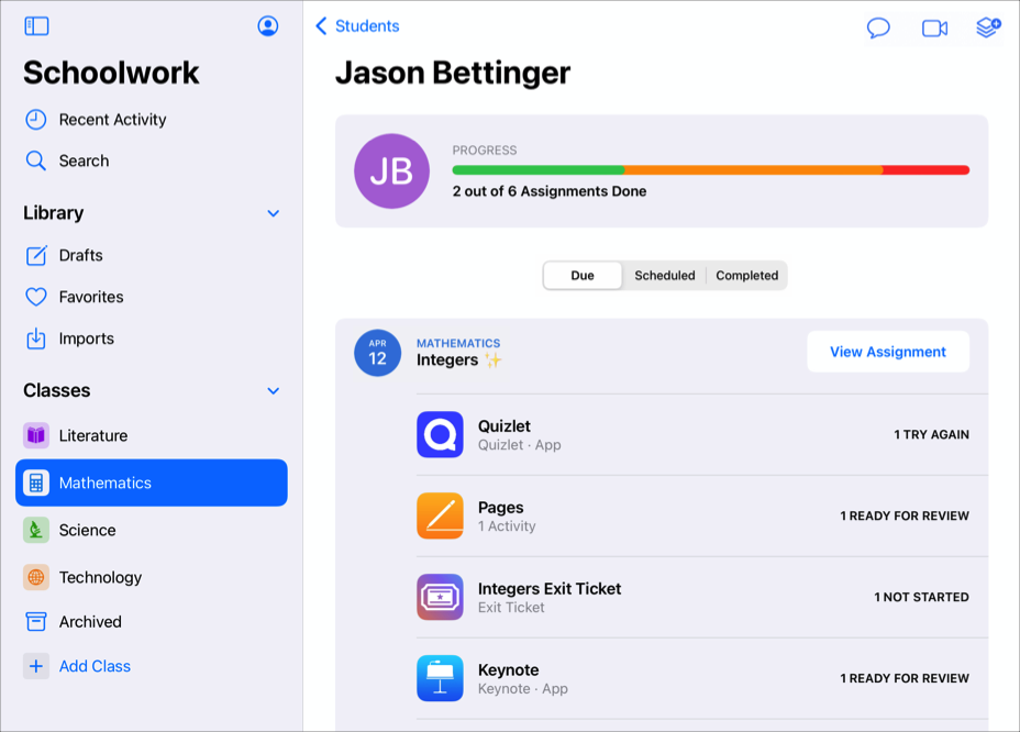 學生進度檢視畫面範例，顯示所選取的學生 (Jason Bettinger) 的進度資料。進度資料顯示學生已提交六項作業中的兩項。使用學生進度檢視畫面查看學生在所有作業方面的表現，判斷學生是否需要額外的挑戰或關注。若要檢視更多進度詳細資訊，請點一下作業活動。