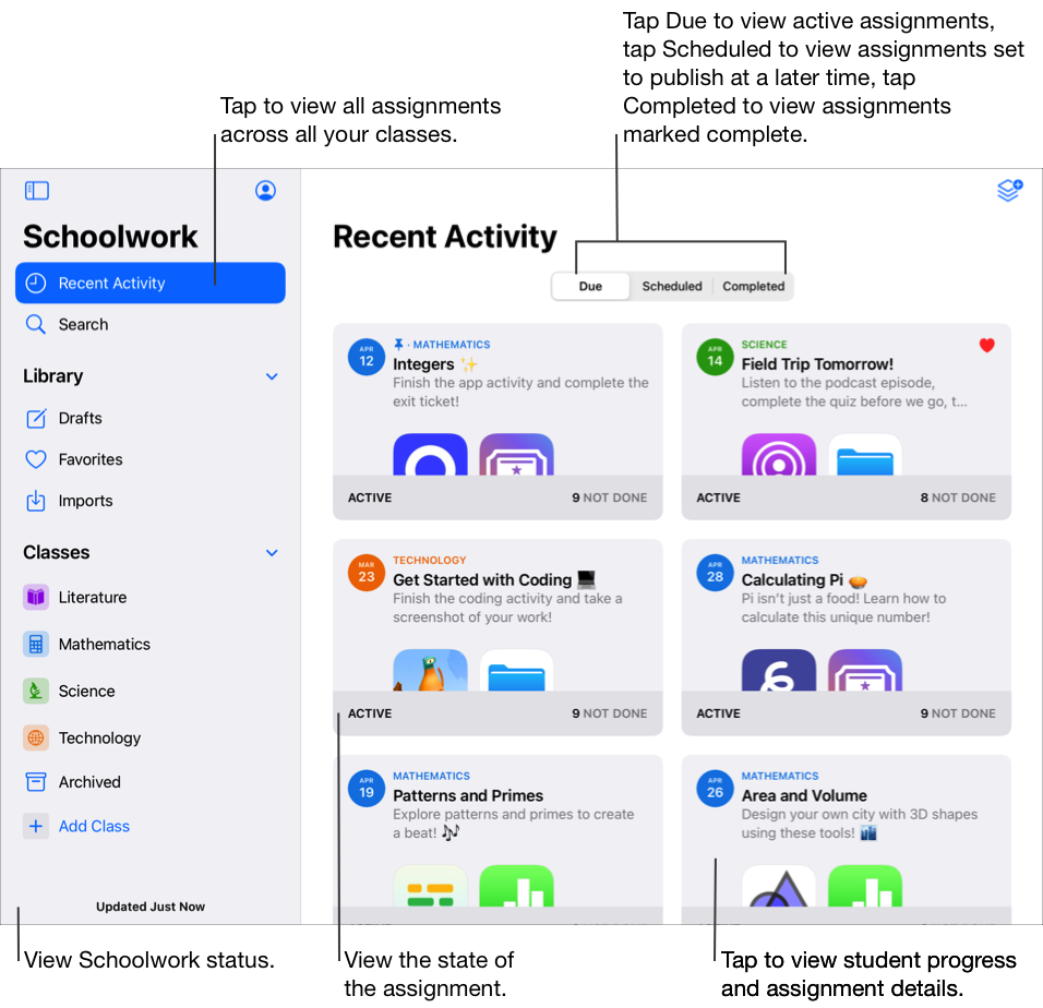 「最近作業活動」顯示您所有班級的所有作業。點一下「繳交日期」以檢視使用中的作業，點一下「已排定」以檢視設為稍後發佈的作業，點一下「已完成」以檢視標示為完成的作業。除了「最近作業活動」之外，「課業」側邊欄還包括四個班級（「文學」、「數學」、「科學」及「科技」）、「草稿」、「喜好項目」及「輸入記錄」，以及班級封存檢視畫面。透過側邊欄底部檢視「課業」的狀態。若要檢視學生進度與作業詳細資訊，請點一下「作業」。作業卡片會顯示作業的狀態。