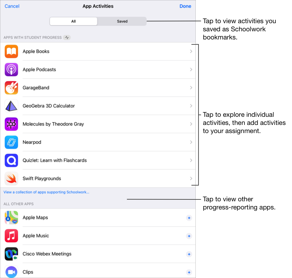 「App 作業活動」彈出式面板會顯示「包含學生進度的 App」區段中的八個 App，以及「所有其他 App」區段中的四個 App。點一下「已儲存」，以檢視您已儲存為「課業」書籤的作業活動；點一下任一個 App，即可探索個別作業活動，然後將作業活動新增至您的作業中；或點一下「檢視支援課業的 App 集合」，以檢視其他可回報進度的 App。