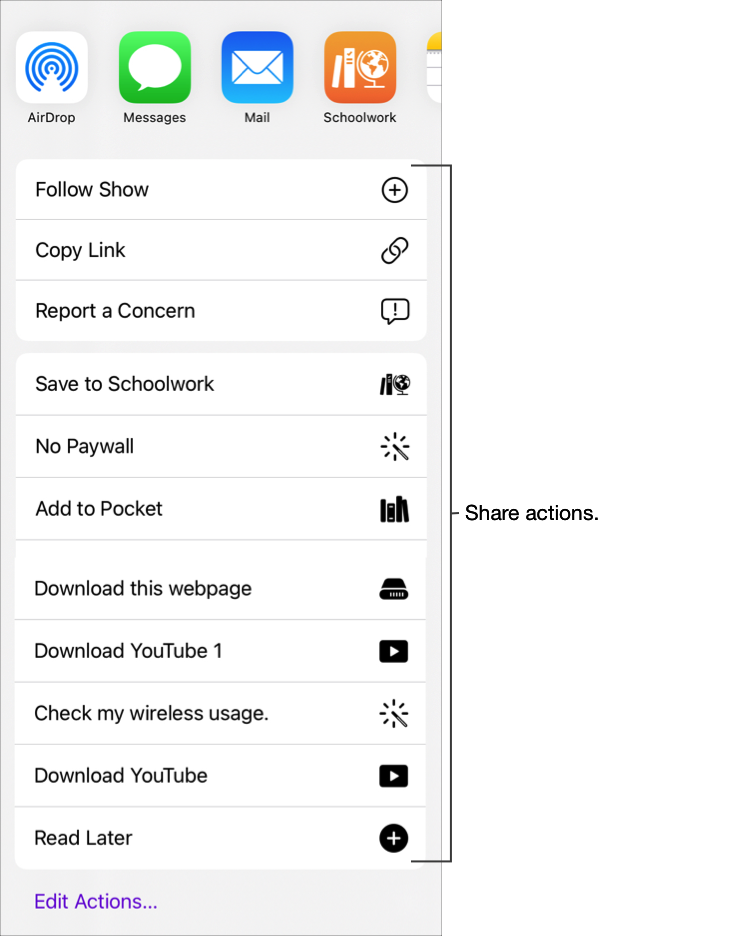「分享」按鈕命令，第一區段顯示包含「課業」的分享選項，第二區段顯示包含「儲存到課業」的分享動作。