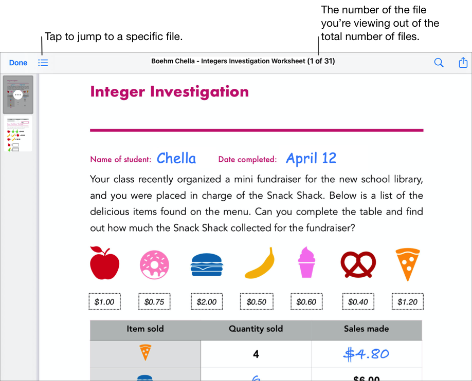 學生的作業活動檔案範例（「Integers Investigation Worksheet」）。向左滑動以開始檢閱學生作業，或點一下視窗左上角的清單按鈕以跳至特定檔案。「課業」會在視窗頂端顯示您正在查看的檔案號碼和檔案總數。