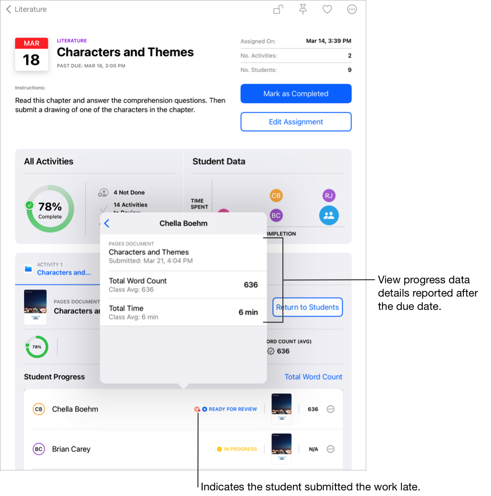 「文學」班級的「作業」詳細資訊檢視畫面範例 —「Characters and Themes」— 顯示所選學生的學生進度資料彈出式面板。彈出式面板會顯示所選作業活動和學生的學生進度資料，以及班級平均值。在此範例中，由於學生在作業繳交日期之後才提交作業，因此彈出式面板會顯示該學生在繳交日期之後最後一次嘗試的遲交進度資料，包含該學生提交作業活動的日期與時間。