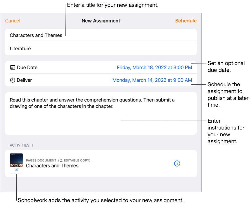 「新增作業」彈出式面板，顯示作業名稱（「Characters and Themes」）、作為收件人的「文學」班級、繳交日期為 3 月 18 日星期五、發佈日期為 3 月 14 日星期一、指示以及一項作業活動。