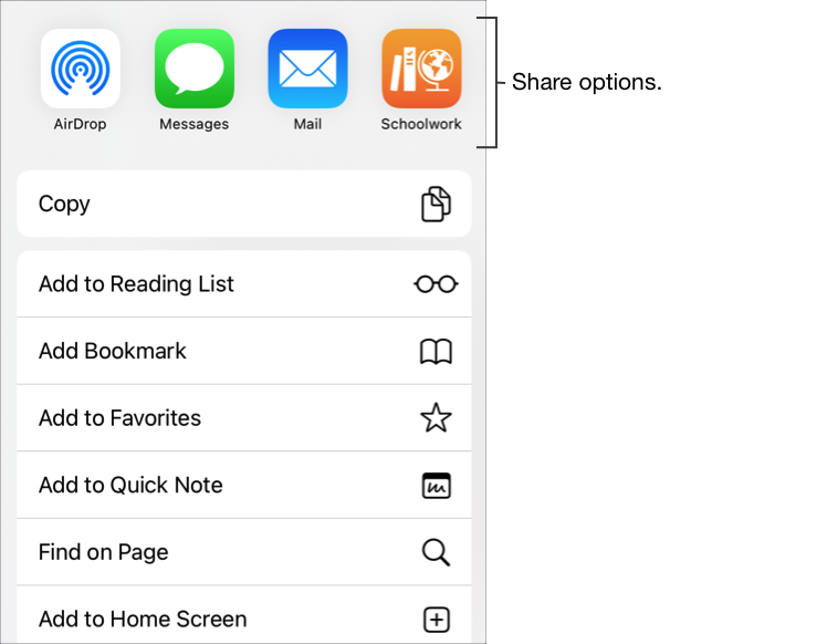 「分享」按鈕命令顯示「課業」中分享選項的第一個區段，以及下列分享動作的第二個區段。