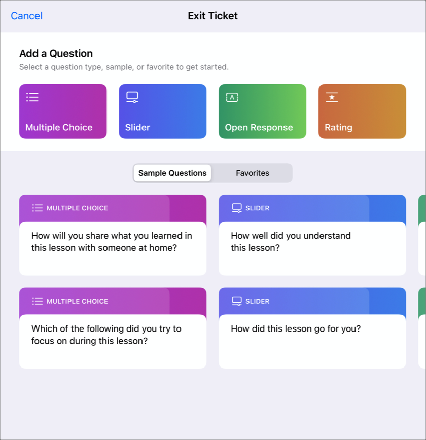 「課業」課堂回饋單。您可以使用四種不同的問題類型（多選題、滑動條、評分題、開放式問題）來建立您自己的問題，也可以使用現有的問題範例。