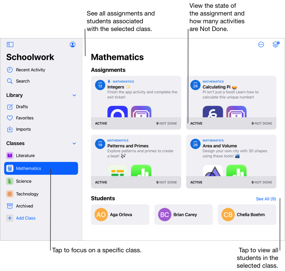 班級檢視畫面範例 —「數學」— 顯示有四項作業及三位學生。使用班級檢視畫面查看與所選班級相關聯的所有作業與學生。作業卡片會顯示作業的狀態以及有多少作業活動「未完成」。點一下「顯示全部」可檢視與所選班級相關聯的所有學生。