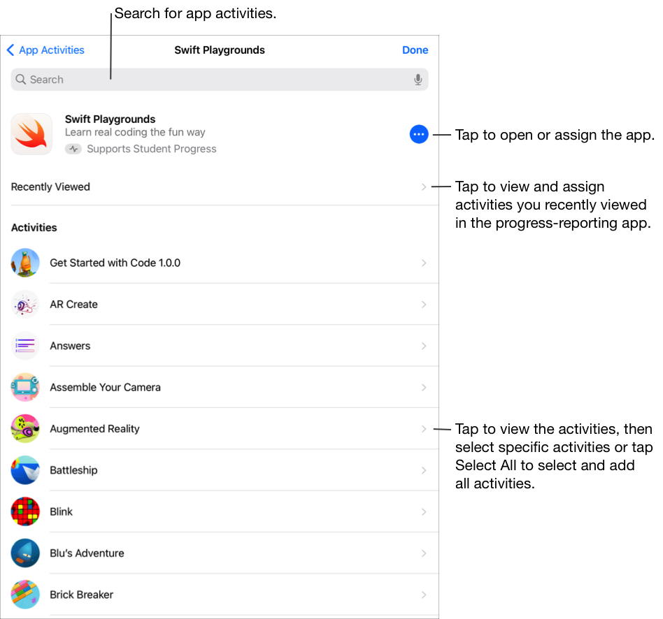 「App 活動」>「Swift Playgrounds」彈出式面板，顯示了在 Swift Playgrounds App 中的可用作業活動。點一下以檢視並指派您最近在可回報進度的 App 中檢視過的作業活動，或點一下「更多選項」按鈕以打開或指派整個 App。您也可以搜尋 App 作業活動。