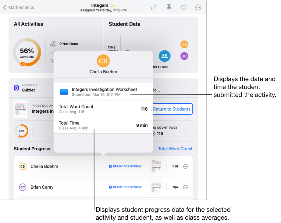 「數學」課的作業詳細資訊檢視畫面範例 —「Integers」— 顯示所選取學生的學生進度資料彈出式面板。彈出式面板會顯示所選作業活動和學生的學生進度資料，以及全班平均值和繳交日期與時間。