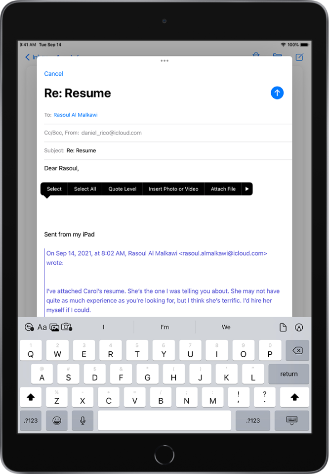 A draft email being composed with options for adding attachments visible above the keyboard. The attachment bar includes icons to undo, insert images, adjust text, insert a saved file, scan a document, or draw in the email.