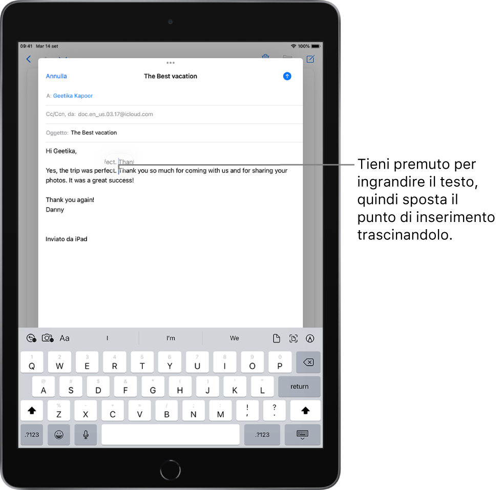 Una bozza di e-mail, che mostra il punto di inserimento posizionato dove il testo verrà inserito o modificato. Il testo circostante è ingrandito, per facilitare il posizionamento del punto di inserimento.