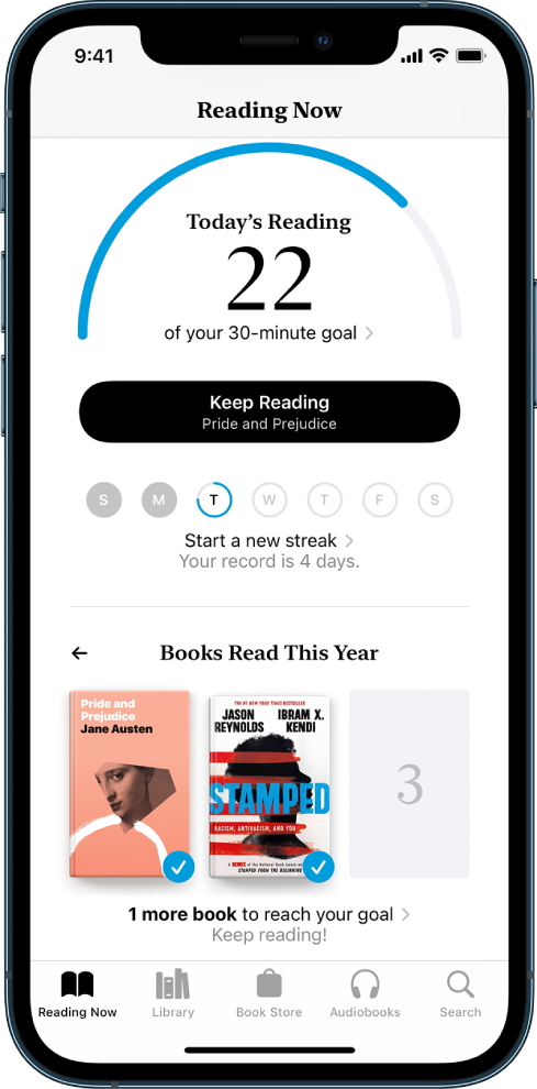 The Reading Goals section in Reading Now. The reading counter shows that 10 minutes of a 20-minute goal have been completed. Below the counter is a Keep Reading button, and circles that show the days of the week, Sunday through Saturday and blue outlines around the circle indicate the reading progress for the day. At the bottom of the page are the covers of Books Read This Year.