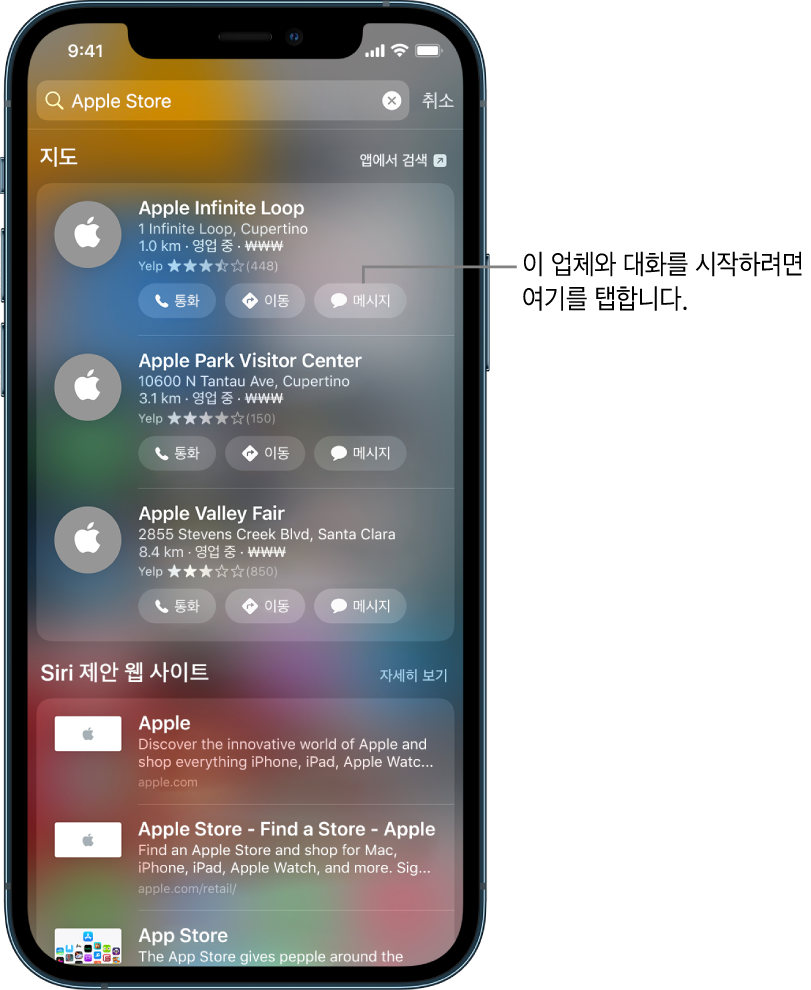 지도 앱에서 찾은 항목이 표시된 검색 화면. 각 항목에는 간략한 설명, 선호도 또는 주소가 나타나며 각 웹 사이트의 URL이 나타남. Apple Store와 비즈니스 채팅을 시작하려면 탭하는 버튼이 표시된 두 번째 항목.