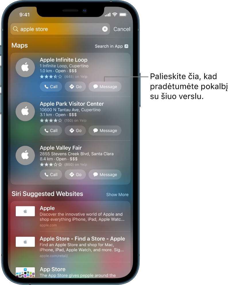 Paieškos ekrane rodomi rasti „Maps“ elementai. Pateikiamas trumpas kiekvieno elemento aprašymas, įvertinimas arba adresas ir nurodyti visų svetainių URL. Prie antrojo elemento rodomas mygtukas, kurį palietus pradedamas verslo pokalbis su „Apple Store“.