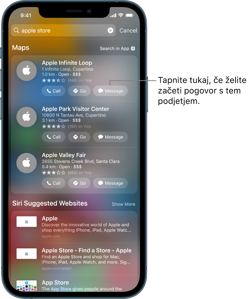 Zaslon Search prikazuje najdene elemente v aplikacij Maps. Vsak element prikazuje kratek opis, oceno ali naslov in vsako spletno mesto prikazuje URL. Ob drugem elementu je gumb, ki ga tapnete za začetek poslovnega pogovora s storitvijo Apple Store.