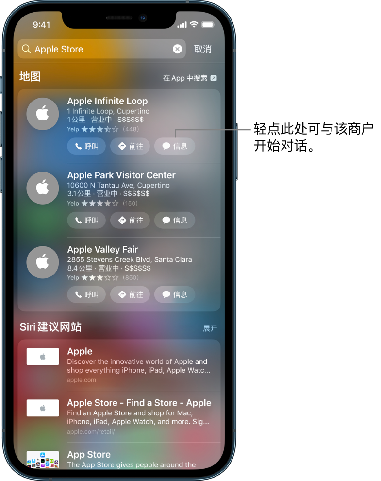 “搜索”屏幕，显示找到的“地图”相关项目。每个项目显示简短描述、评分或地址，每个网站显示一个 URL。第二个项目显示了一个按钮，轻点即可与 Apple Store 开始商务聊天。