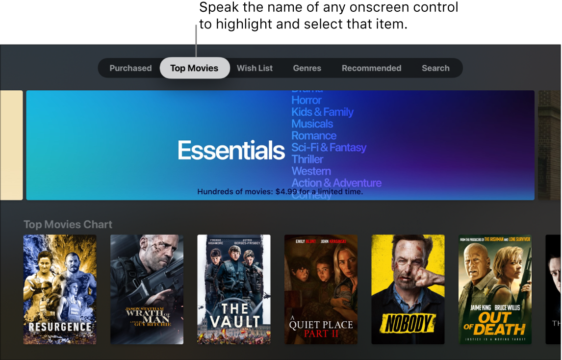 iTunes Movie Store showing menu queries that can be spoken