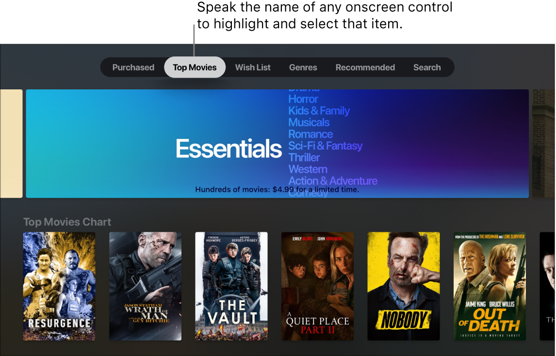 iTunes Movie Store showing menu queries that can be spoken