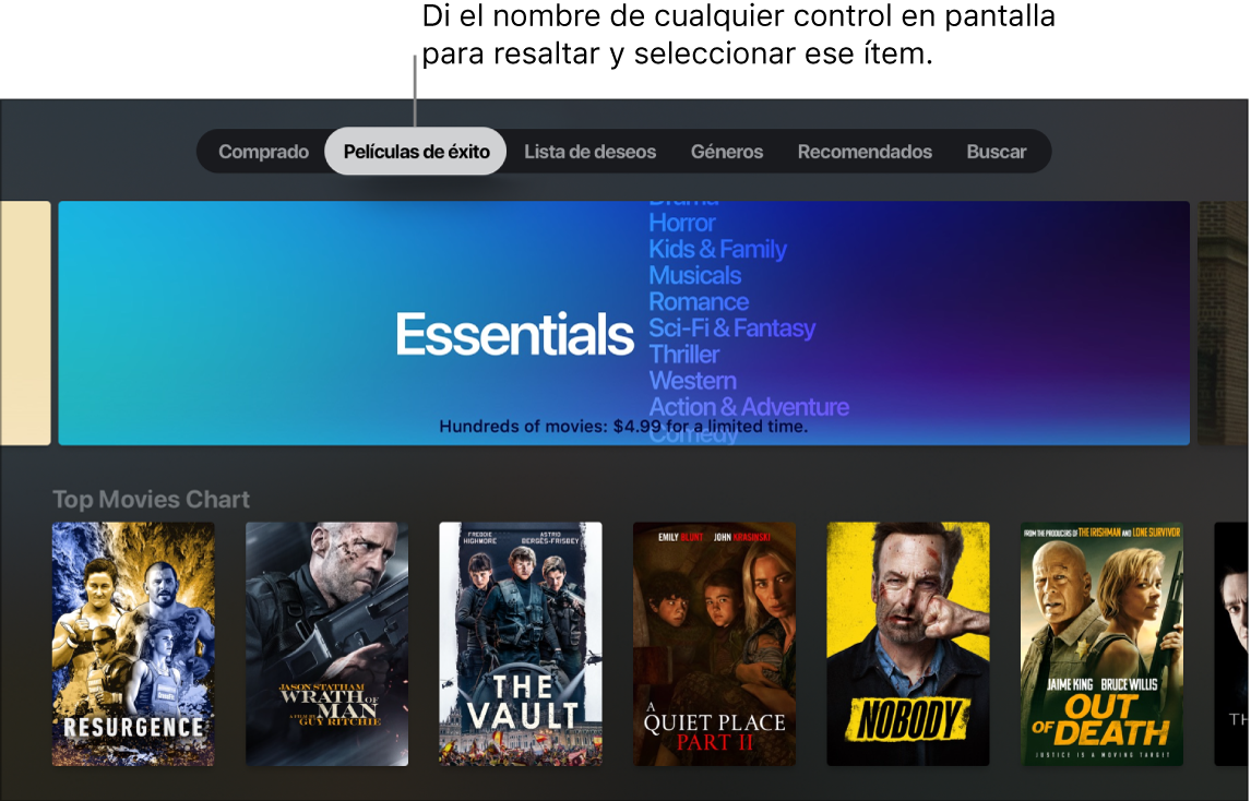 “Películas de iTunes” y consultas del menú que se pueden leer en alto