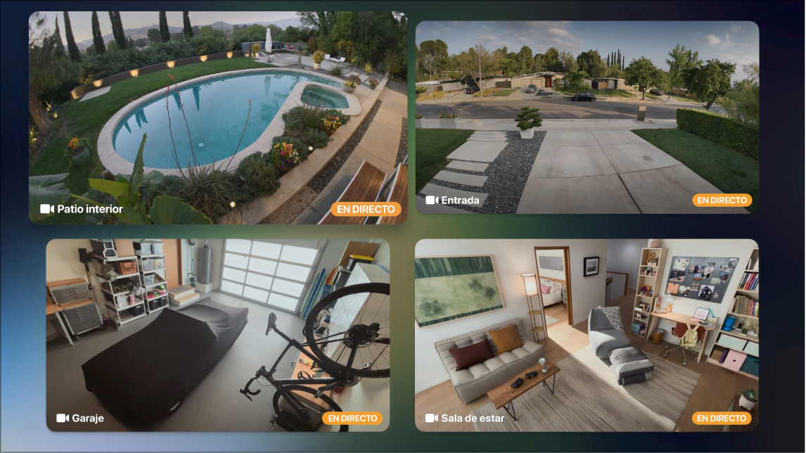 Pantalla del Apple TV que muestra varias cámaras en la vista de HomeKit del centro de control