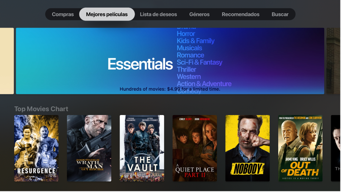 Pantalla de inicio de la sección Películas de iTunes